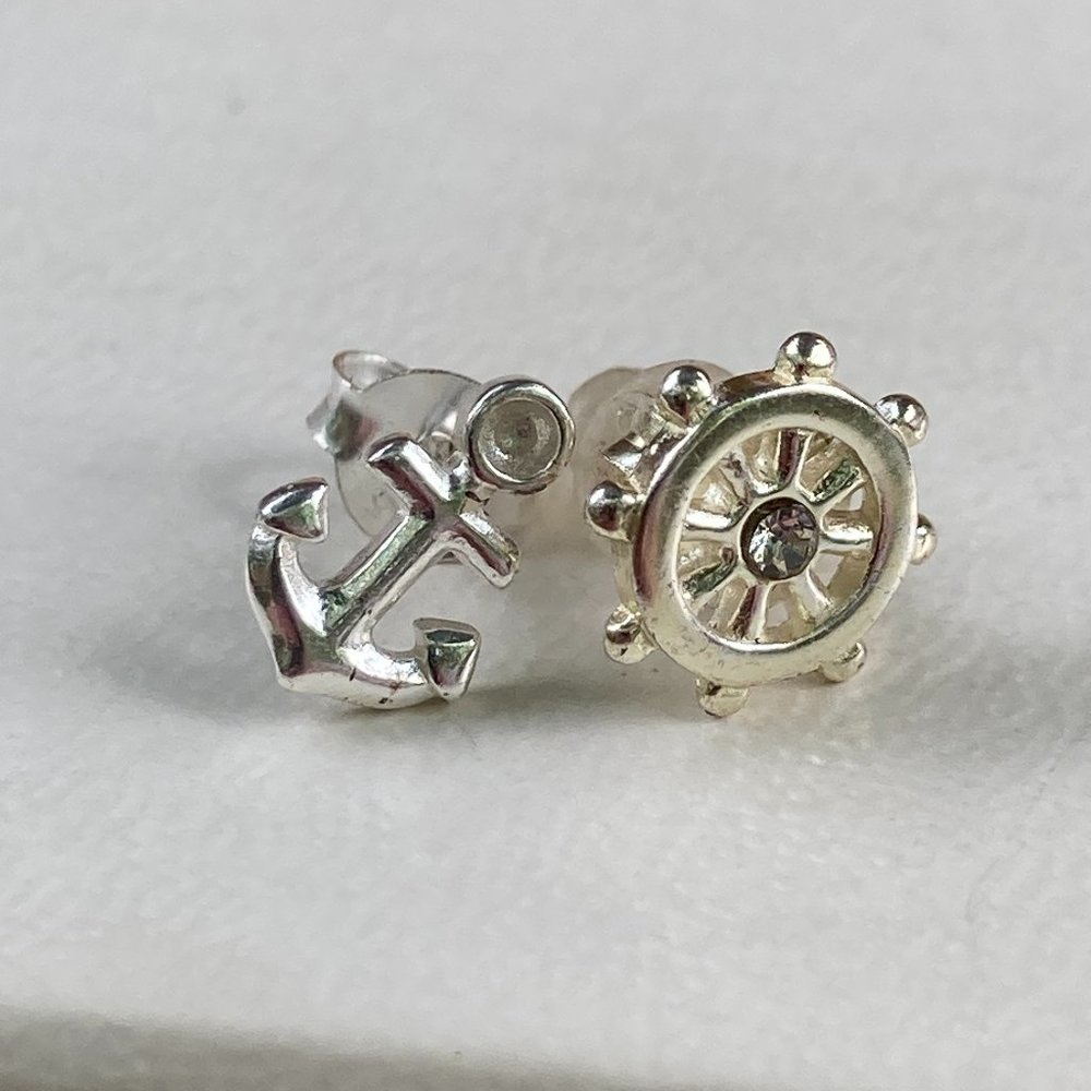 Tiny sterling silver anchor and nautical wheel post stud earrings